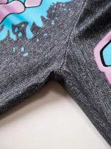 大码青少年女孩时尚字母图案牛仔喇叭裤，舒适长款紧身裤 - 灰色 - 查看 4