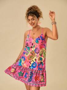 Travachic Vestido de verano de tallas grandes con estampado multicolor bohemio y tirantes