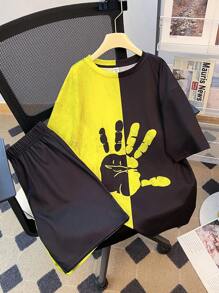 SHEIN 2pcs Set Teen Boy's Casual Splicing Clashing Colours Enlarged Monogram Print Round Neck Short-Sleeved T-Shirt Shorts Two-Piece Set;Spring Wear; Teen Boys' Clothing; Teen Boy' Jackets, Spring Back To School - Multicolor - View 5