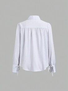 SHEIN Unity Blusa de mujer con rayas sueltas, fruncidos y puños con cordón - Azul y blanco - Ver 2