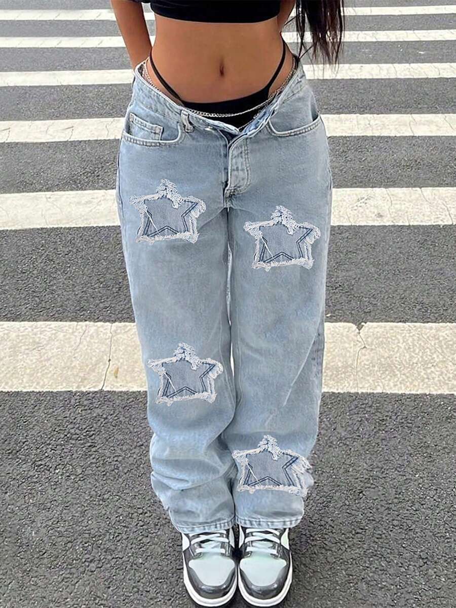 European And American Casual Star Patch Women Straight Leg Jeans