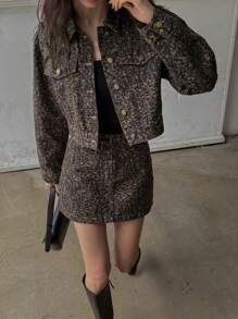 DAZY مجموعة جينز على الطراز الغربي للنساء، جاكيت وتنورة مطبوعة بنمط النمر كاملة الجسم، ملابس عمل للنساء، ملابس نسائية للخريف - بني - مشاهدة 9