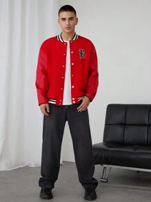 Manfinity VCAY Unisex Loose Fit Woven Dragon And Phoenix Pattern Patchwork PU Leather Baseball Collar Jacket, Suitable For Autumn, For Fall Winter - Red - View 4