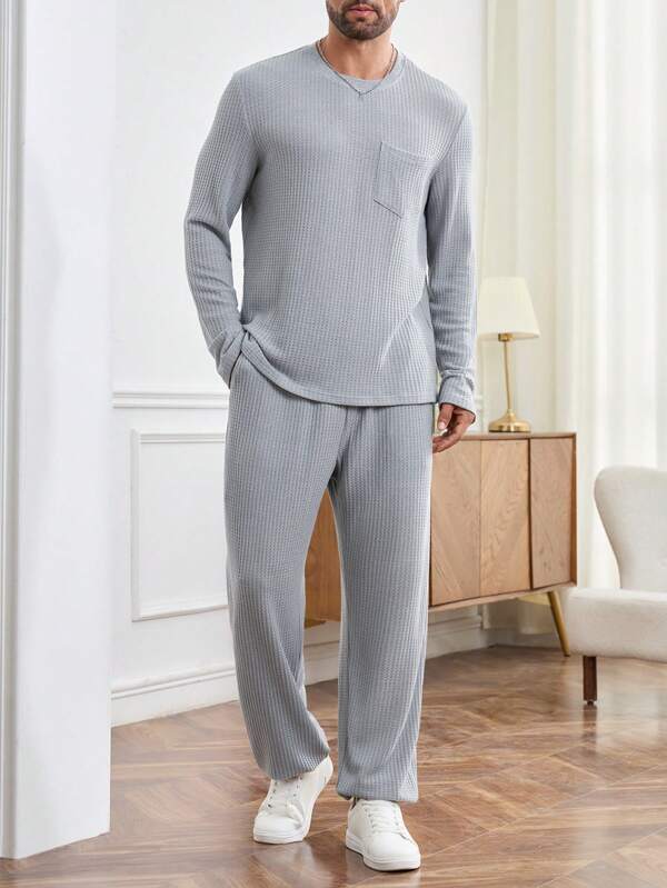 Manfinity Homme Conjunto de top de manga larga cuello redondo de un solo color con bolsillo y pantalones para hombre