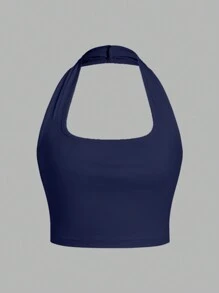SHEIN EZwear 3 件女式黑色、白色、蓝色无袖露背短款上衣，休闲修身款式，适合夏季 - 彩色 - 查看 4