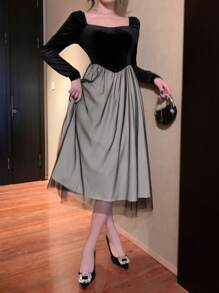 DAZY Lace Patchwork Sweet Heart Collar Long Sleeve Elegant Mid-Length Dress For Women,Fall Dress - Black - View 3