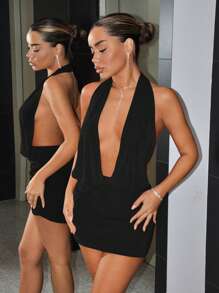 SHEIN ICON Vestidos de fiesta sexy de semi-etiqueta para mujer con cuello en V y estilo Y2K en color rojo para Navidad