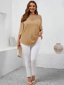 EMERY ROSE Große Größen Damen Lehrerin Kleidung Locker Sitzende Mesh-Kontrast 3/4 Ärmel T-Shirt, Frühling/Sommer