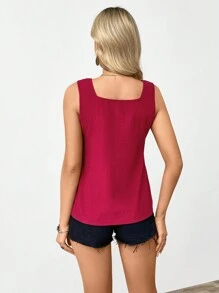 EMERY ROSE Linen Solid Color Square Neck Sleeveless Shirt, Vacation Casual - Burgundy - View 2