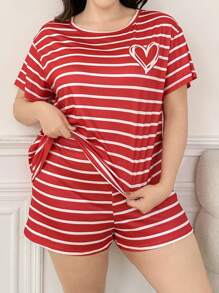大码个性化时尚条纹和心形印花睡衣套装