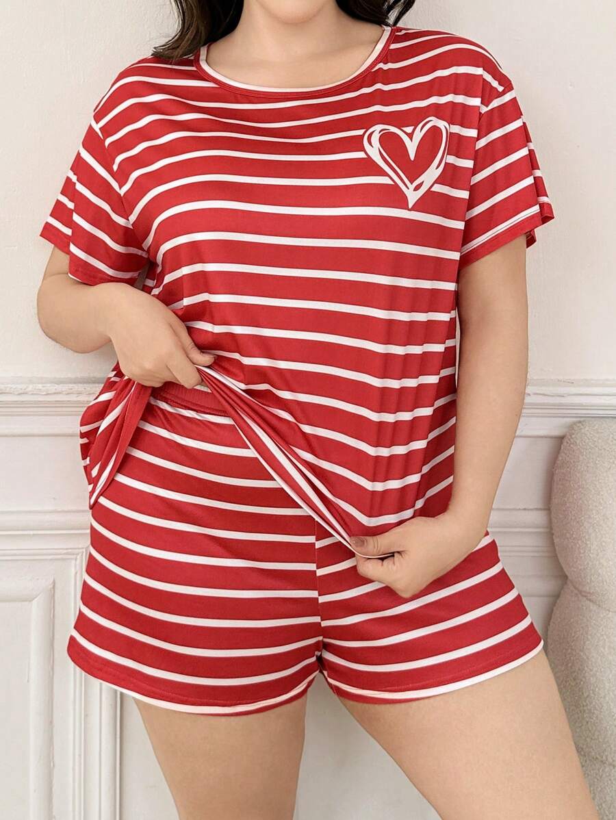 大码个性化时尚条纹和心形印花睡衣套装
