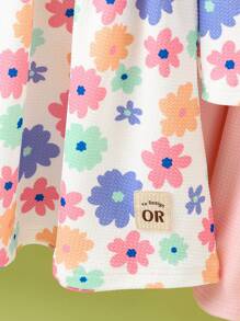 Girls Digital Ditsy Floral Mixed Solid Color Dress, Suitable For Autumn/Winter