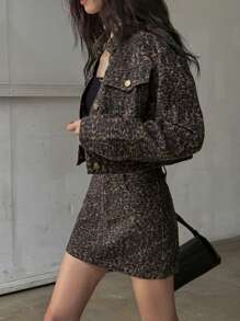 DAZY مجموعة جينز على الطراز الغربي للنساء، جاكيت وتنورة مطبوعة بنمط النمر كاملة الجسم، ملابس عمل للنساء، ملابس نسائية للخريف - بني - مشاهدة 5