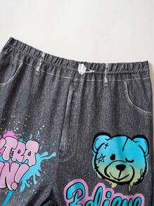 大码青少年女孩时尚字母图案牛仔喇叭裤，舒适长款紧身裤 - 灰色 - 查看 5