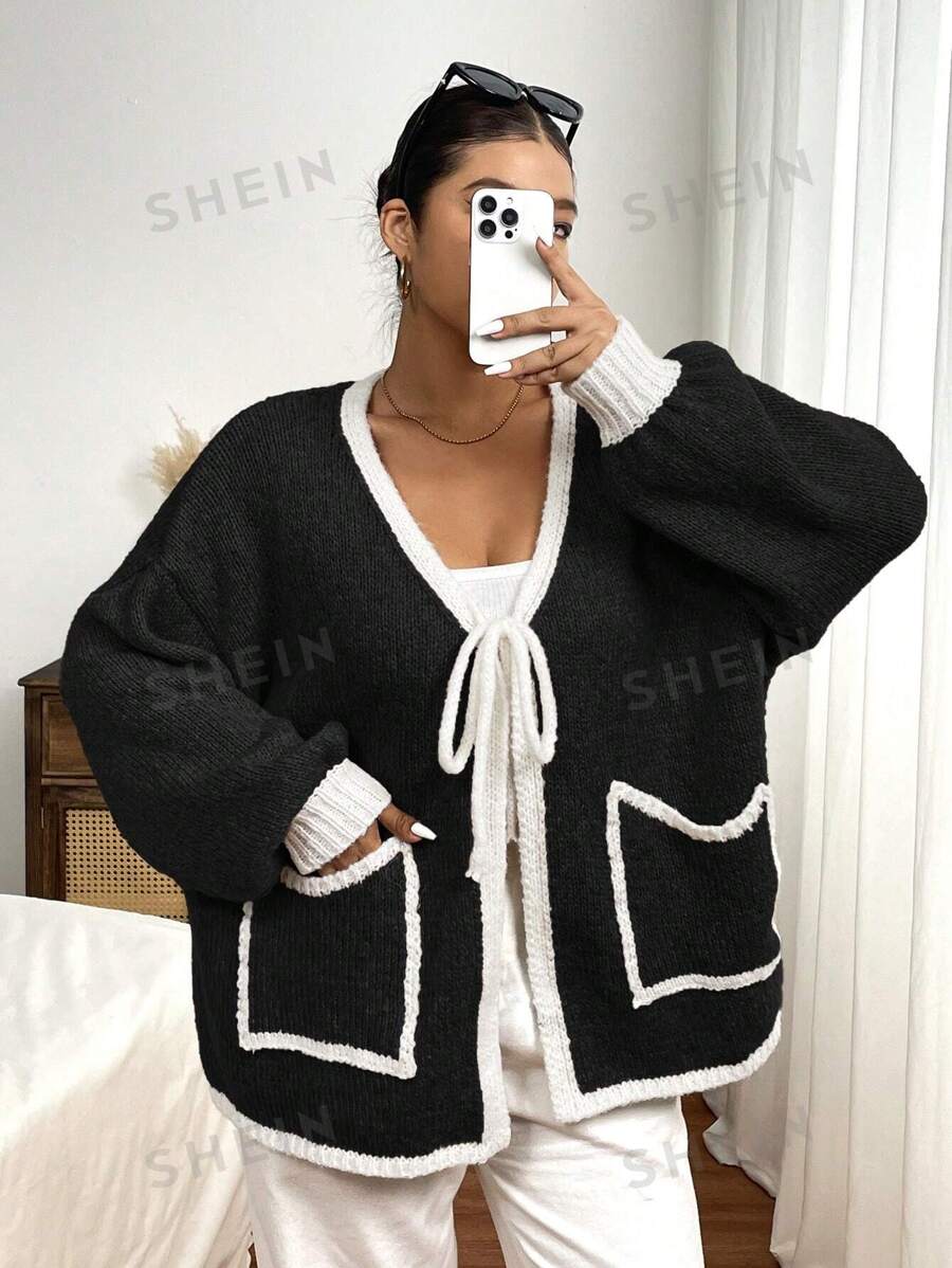 SHEIN Frenchy Suéter de cárdigan informal con cordón y bloques de color talla grande para otoño/invierno