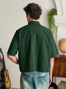 SWAVVY Men's Plaid Loose Short Sleeve Shirt,Boxy Fit,Y2K, Fall - Dark Green - View 2