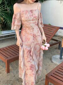 DAZY Vestido midi con estampado floral, mangas largas sin mangas y volantes en el bajo para mujeres