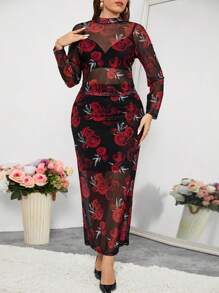 SHEIN Clasi 2 stuks elegante rozenprint plus size set: 1 net mesh top & 1 onderkant Valentijnsoutfit