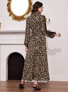 Modelyn Women's Elegant Leopard Print & Lace Patchwork Long Shirt Collar Dress, Spring/Summer