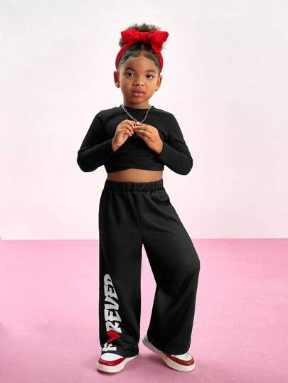 SHEIN Young Girl Simple Solid Color Round Neck Long Sleeve Top And Pants Set