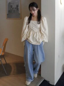 DAZY Damen lockeres rückenfreies Bindeband-Laternenärmel Langarmhemd, Aprikosenfarbe, Frühling/Herbst, Babydoll Top Schule - Aprikosenfarben - Übersicht 5