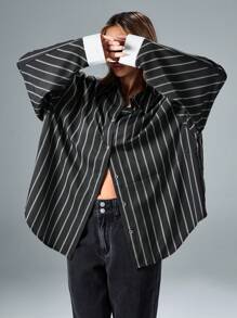 Aveloria Affinna Vintage Casual Versatile Random Contrast Striped Cuff & Color Block Design Loose Blouse, Women Spring Valentine's Day Fall Cloth For Women