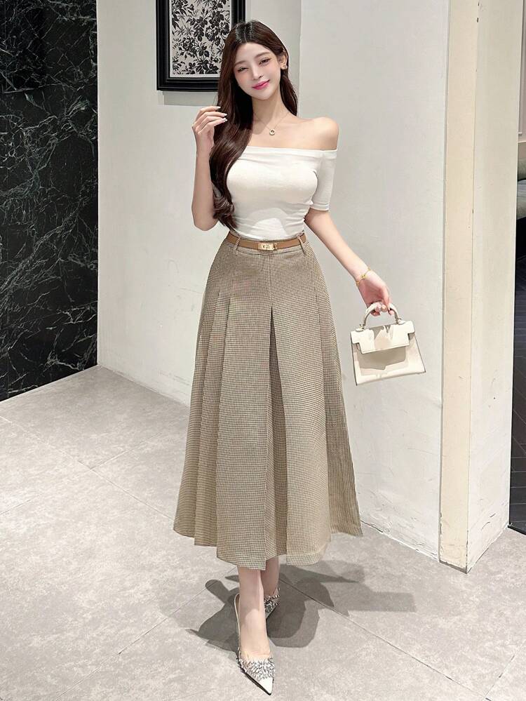 Women's Pleated Long Elegant Plaid A-Line Skirt