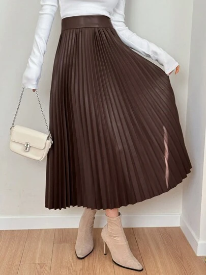 Women Plain Pleated PU Leather Casual Skirt,Back To School Clothes