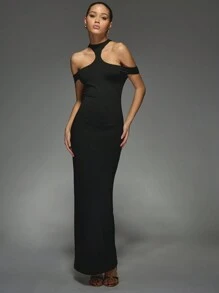 MISSGUIDED Halter Neck Off Shoulder Sleeveless Cut Out Long Dress - Black - View 7