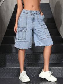 SHEIN EZwear 女士简约前扣口袋牛仔短裤，休闲日常穿着 - 藍色 - 查看 4