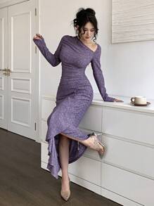 Feyla Women's Asymmetric Neck Long Sleeve Ruched Patchwork Flounce Hem Fitted Elegant Dress - Purple - View 4