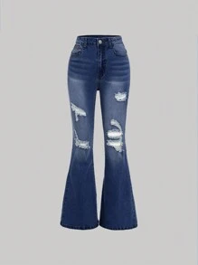 SHEIN 少女休闲前口袋破洞简约牛仔裤 - 深色水洗藍 - 查看 1