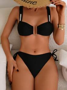 Women's Solid Color Pearl Strap Metal Buckle Backless Tie Bikini Set, Beach Outfits For Summer Beach Vacation