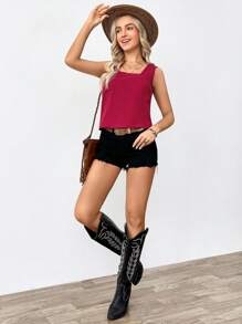 EMERY ROSE Linen Solid Color Square Neck Sleeveless Shirt, Vacation Casual - Burgundy - View 6
