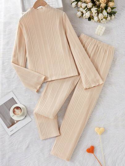SHEIN Teen Girls' Asymmetrical Rib Knitted Long Sleeve Thermal Top And Pants 2Pcs Underwear Set, Apricot