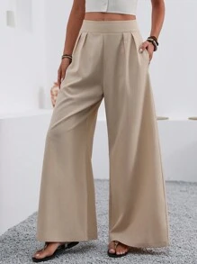 EMERY ROSE Plain Colored Wide Leg Pants With Pleats Fall Cloth For Women - Apricot - View 3