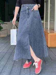 DAZY 1 pièce Jupe en jean casual longue avec taille asymétrique et double poche pour femmes - Bleu azur - Voir 8