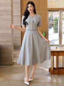 Wynsel 2 件套优雅纯色圆领衬衫和裙子套装，适合女士，春夏季，返校服装 - 淺灰色 - 查看 4