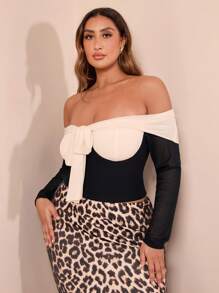 SHEIN BAE Áo cánh thắt nơ hở vai hai tông màu cỡ lớn dành cho nữ, phong cách lãng mạn cổ điển thanh lịch, thích hợp cho vũ hội, lễ hội, màu sắc: đen, dệt kim, co giãn, gợi cảm, mặc đi làm - màu đen - Xem 1