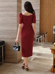 DAZY Vestido midi elegante de color liso con volantes asimétricos y abertura lateral para mujer, vestido de cóctel elegante