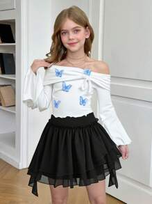 SHEIN Girlism Tween Girl 罗纹针织蓝色蝴蝶露肩喇叭袖 T 恤，法式时尚，适合圣诞节、新年、派对、春季