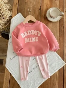 SHEIN 2pcs/Set Tween Girls Loose Casual Round Neck Letter Print Sweatshirt And Pants Set - Pink - View 5