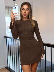 SHEIN Essnce Không lưng Tay áo dài Đầm - Cà phê - Xem 3
