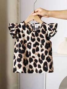 Camicia casual con doppio strato di volant e stampa leopardata, adatta per ragazze, per tutte le stagioni e festival musicali