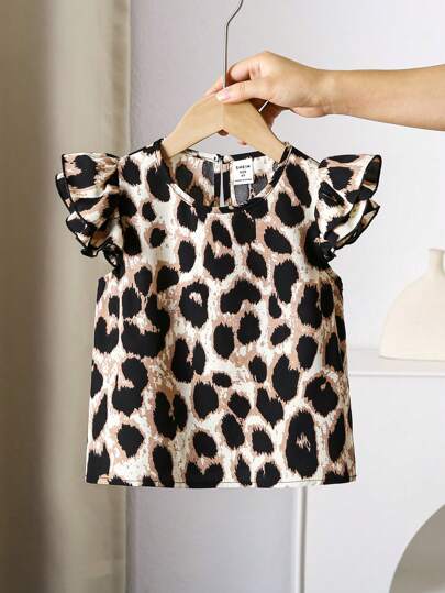 Young Girl Fashion Leopard Print Casual Double-Layered Ruffle Sleeve Shirt, Suitable For All Seasons And Music Festivals,Suitable For Spring And Summer,Suitable For Girls Daily Wear