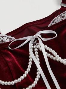 SHEIN MOD 天鹅绒复古阔腿背心，带前珍珠蝴蝶结装饰，派对上衣，新年上衣，复古优雅上衣，外出上衣 - 酒紅色 - 查看 4
