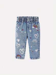 Baby Girls Elastic Waist Ruffle Heart & Star Embroidered Loose Comfortable Washed Light Blue Denim Tapered Pants - Light Wash - View 1