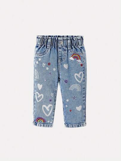 Baby Girls Elastic Waist Ruffle Heart & Star Embroidered Loose Comfortable Washed Light Blue Denim Tapered Pants
