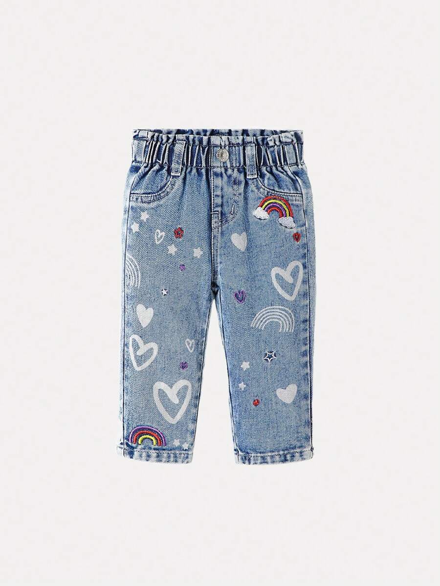 Baby Girls Elastic Waist Ruffle Heart & Star Embroidered Loose Comfortable Washed Light Blue Denim Tapered Pants - Light Wash - View 1