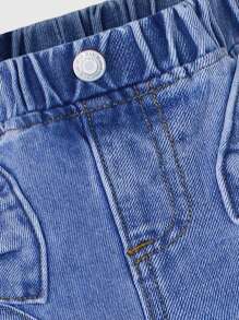 SHEIN Wildeya Young Girl All-Match Casual Cute Bow Embroidered Pocket Relaxed Straight Leg Washed Denim Jeans, Suitable For Daily Wear